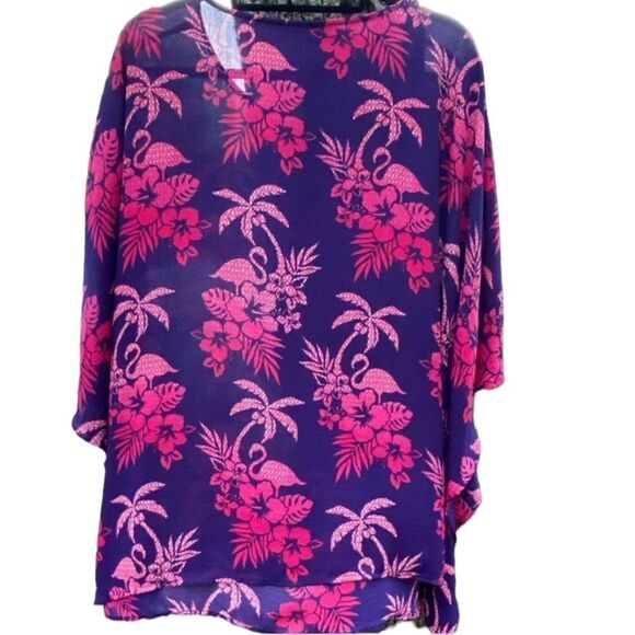 Quacker Factory Wm's Sz 1X Purple Pink Tropical Flamingo Caftan Blouse Cover Up - Picture 3 of 4